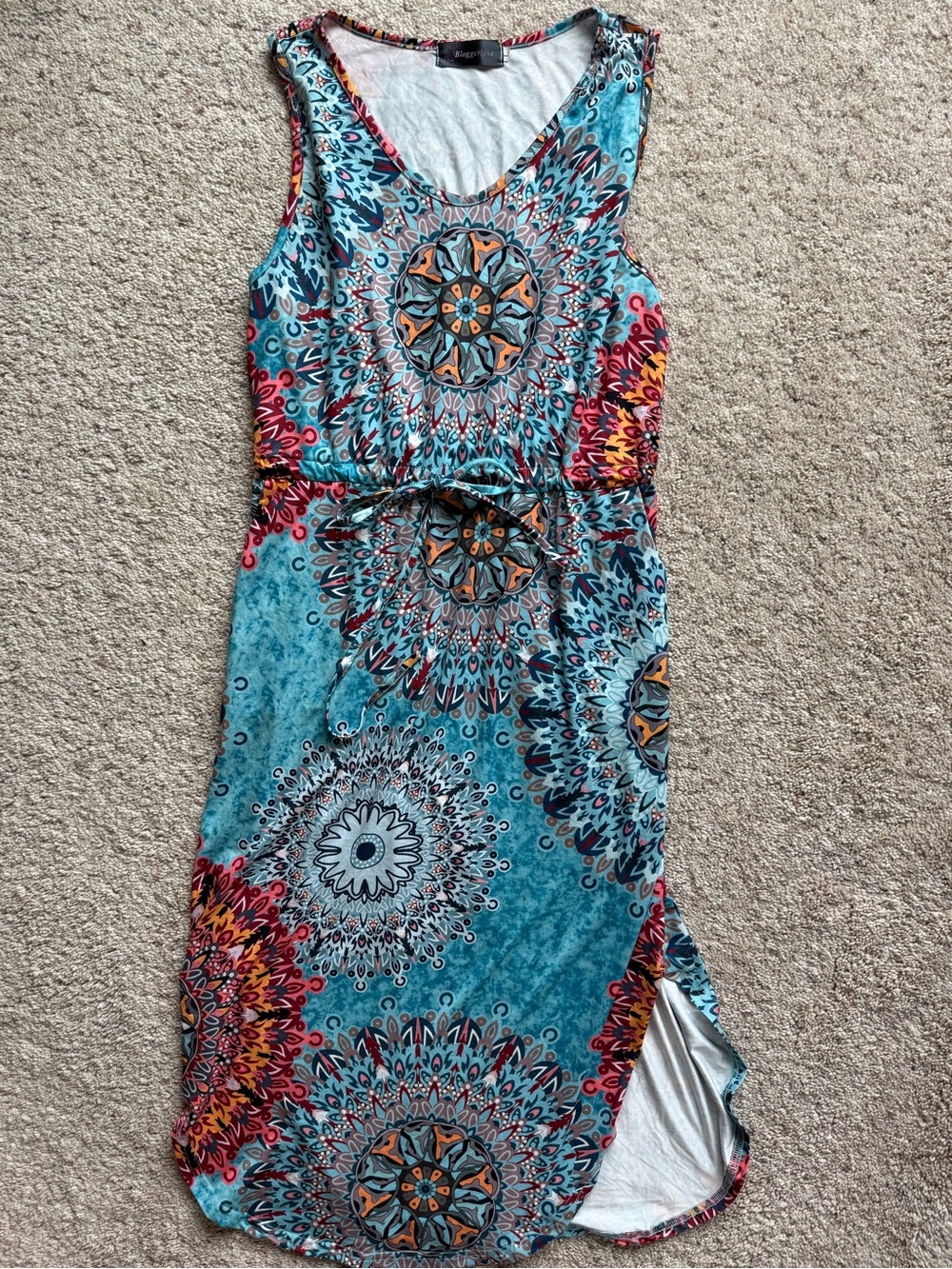 Mandala Print Sleeveless Summer Dress Size Large Drawstring Pockets